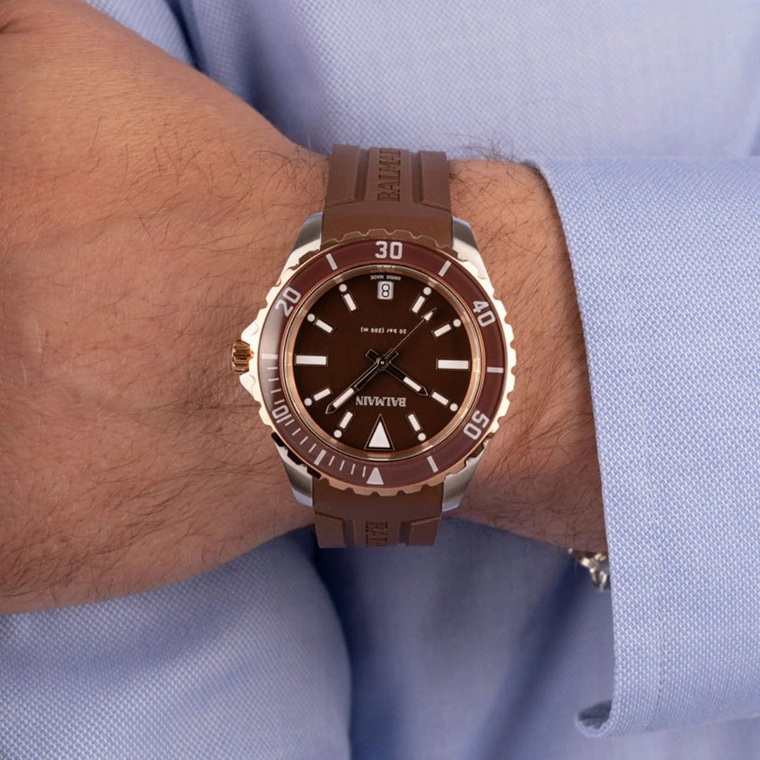 Balmain Ophrys Gent 42.5mm Brown Dial Bicolor Pink PVD Rubber Strap 200m