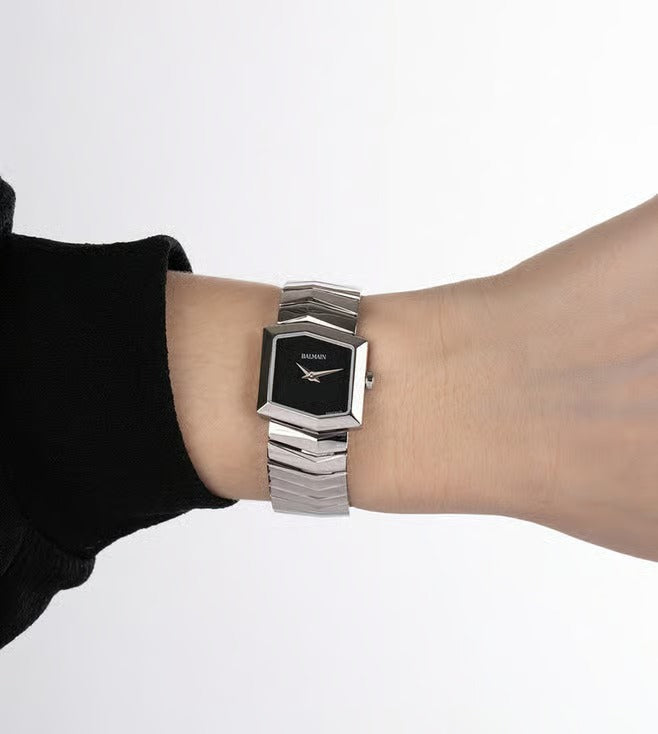 Balmain Taffetas 22.5mm White Dial Stainless Steel Hexagonal Leather Strap
