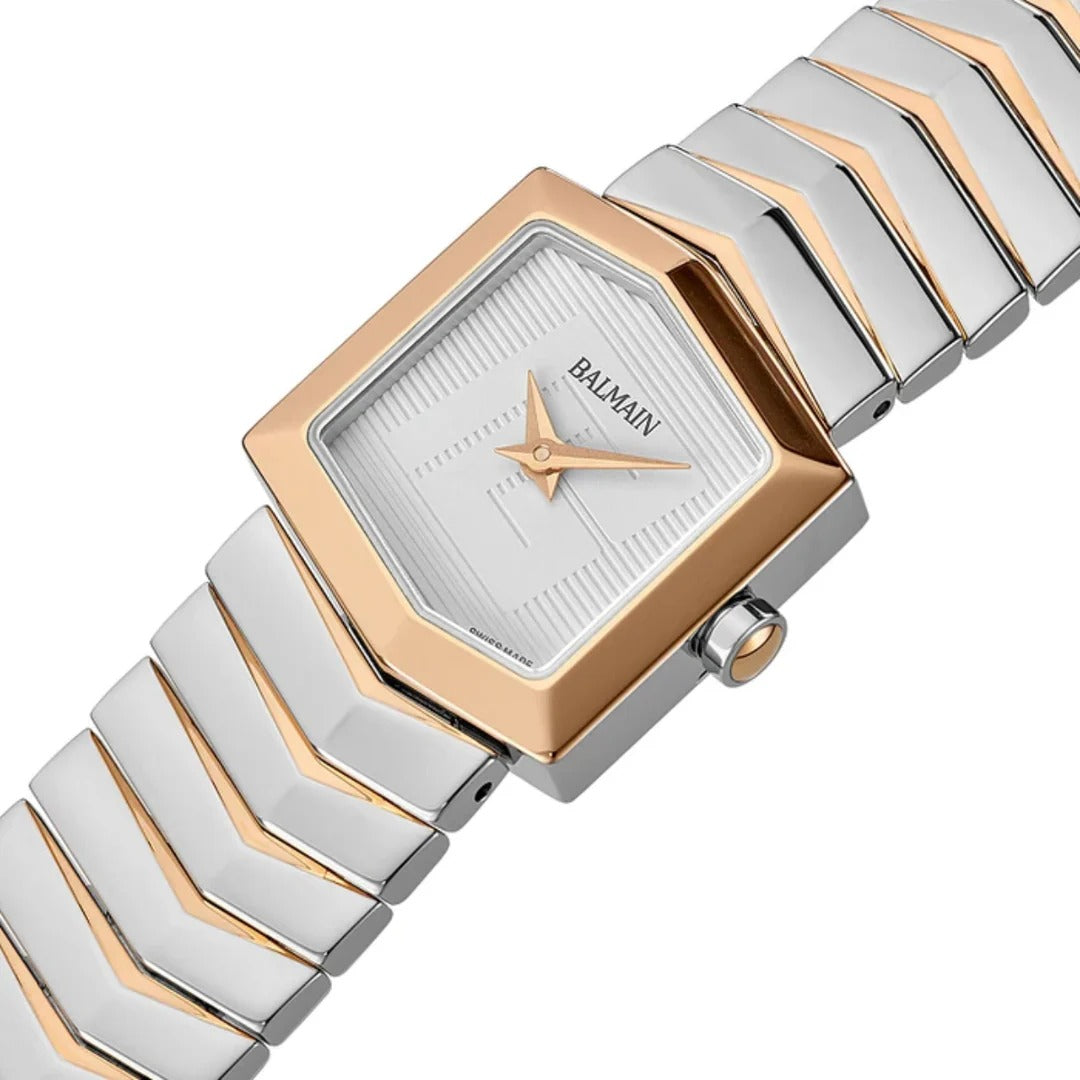 Balmain Taffetas 22.5mm White Dial Two-Tone Rose Gold PVD Hexagonal Bracelet