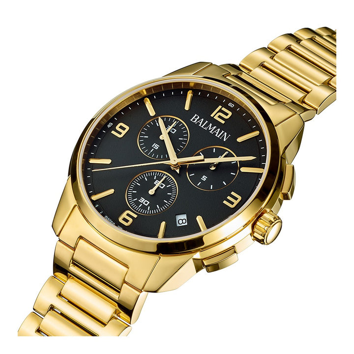 Balmain Madrigal Chrono Gent 42mm Gold Dial Navy Leather Strap Chronograph