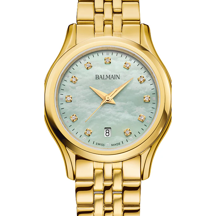 Balmain Beleganza Lady 27.5mm Green MOP Diamond Dial Yellow Gold PVD Bracelet