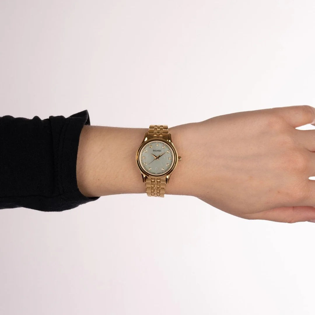 Balmain Beleganza Lady 27.5mm Green MOP Diamond Dial Yellow Gold PVD Bracelet