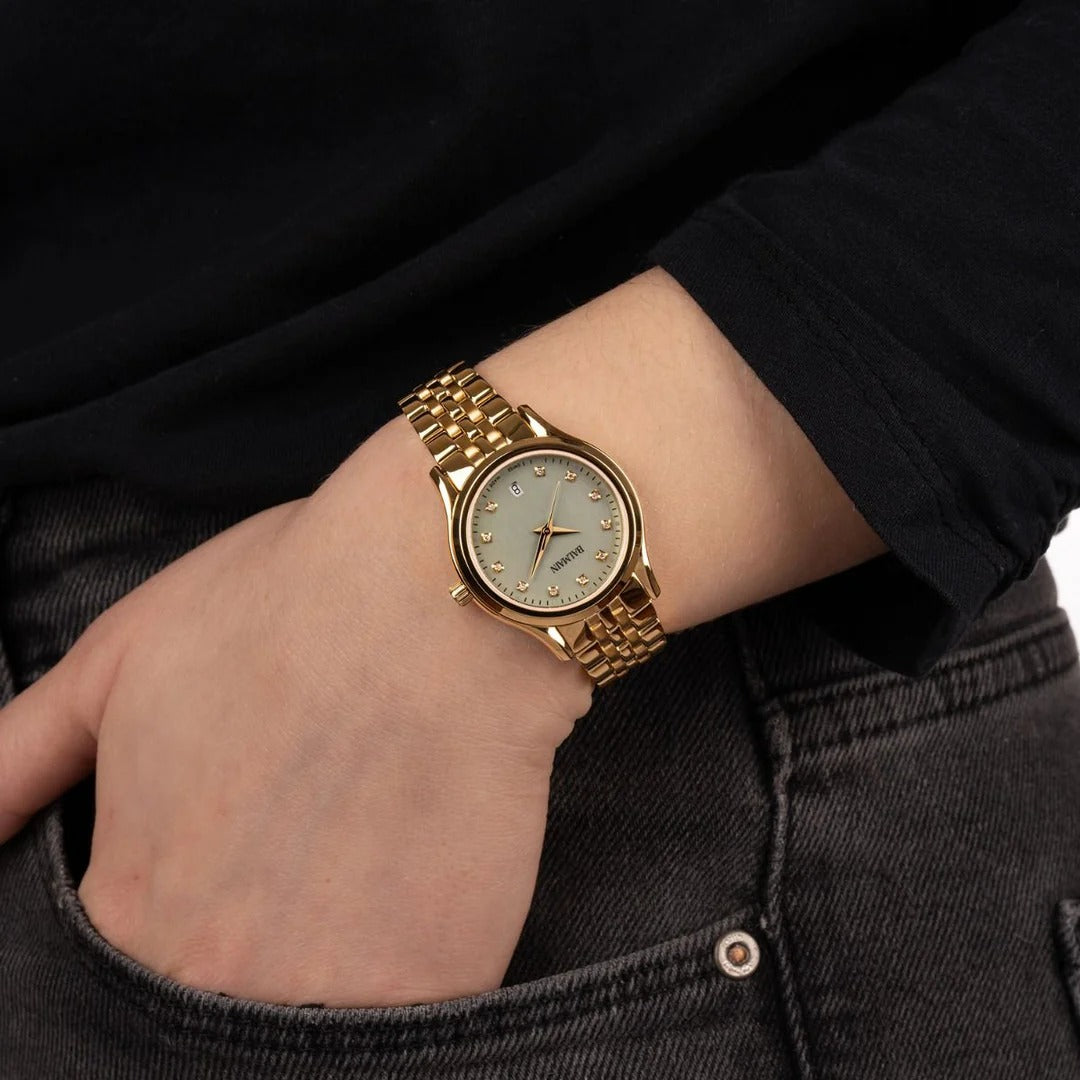 Balmain Beleganza Lady 27.5mm Green MOP Diamond Dial Yellow Gold PVD Bracelet