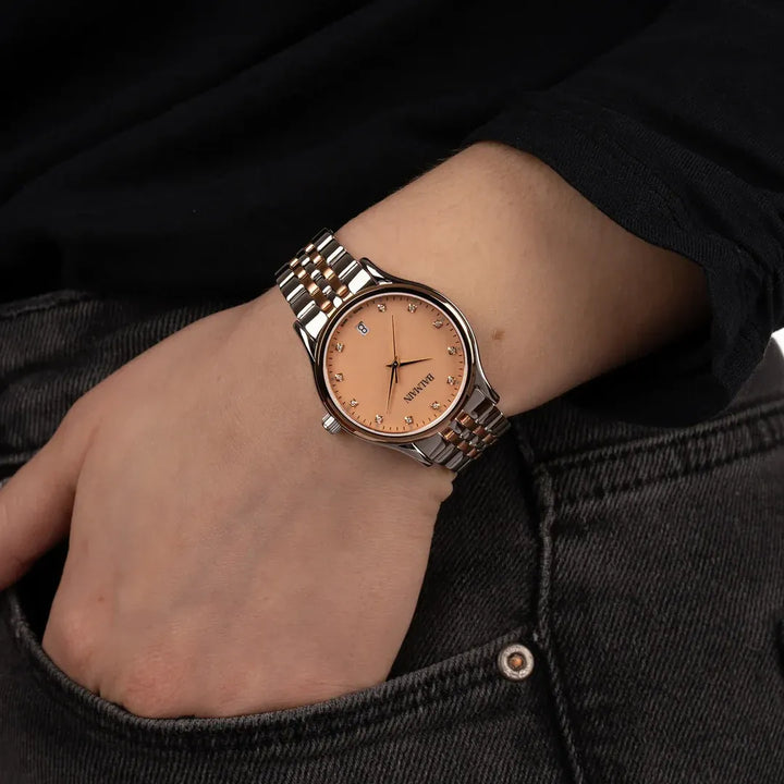 Balmain Beleganza Lady 32mm Peach Dial Bicolor Rose Gold PVD Steel Bracelet