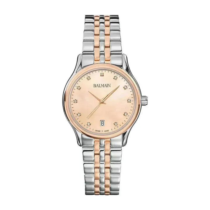 Balmain Beleganza Lady 32mm Peach Dial Bicolor Rose Gold PVD Steel Bracelet