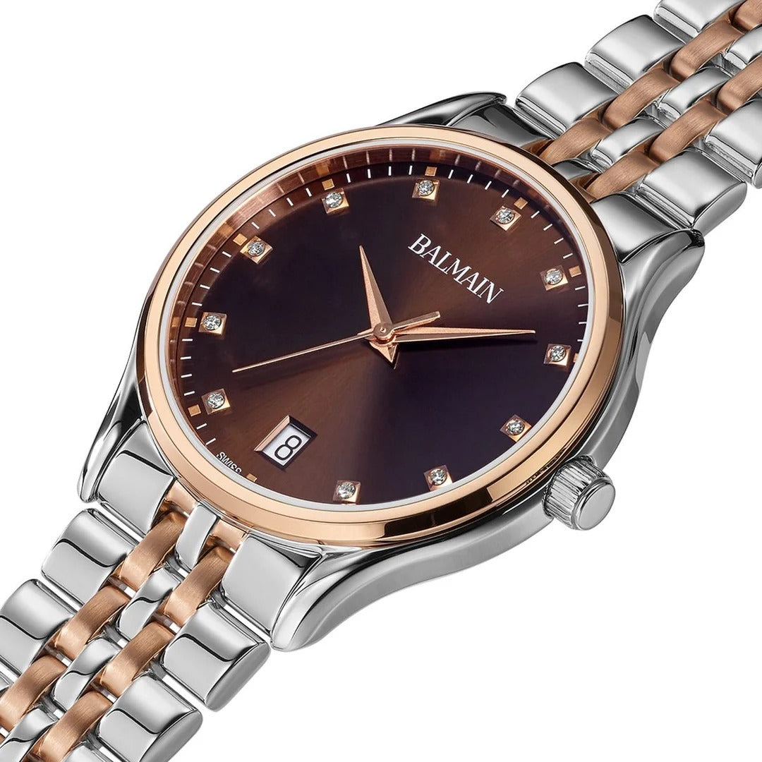 Balmain Beleganza Lady 32mm Brown Dial Bicolor Rose Gold PVD Steel Bracelet