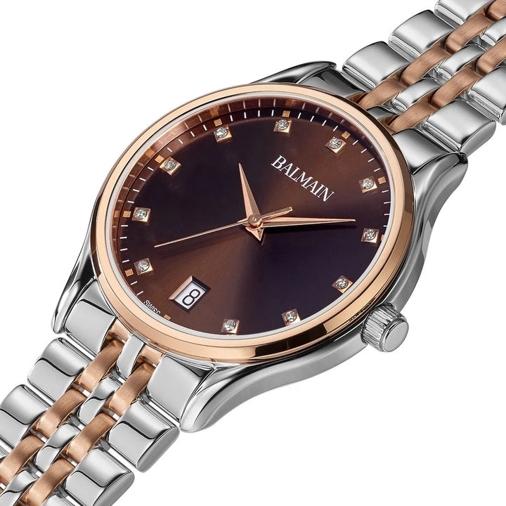 Balmain Beleganza Lady 32mm Brown Dial Bicolor Rose Gold PVD Steel Bracelet