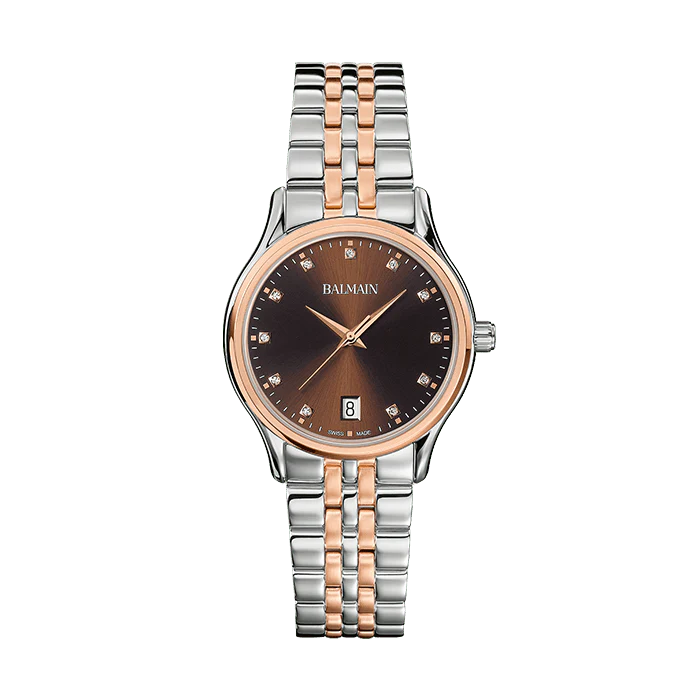 Balmain Beleganza Lady 32mm Brown Dial Bicolor Rose Gold PVD Steel Bracelet