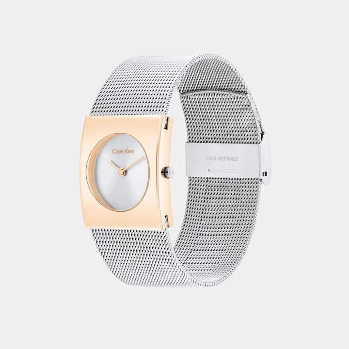 Calvin Klein 25100063 Pulse Women 20mm x 32mm Silver White Rectangle Dial Silver Mesh Bracelet Quartz Watch