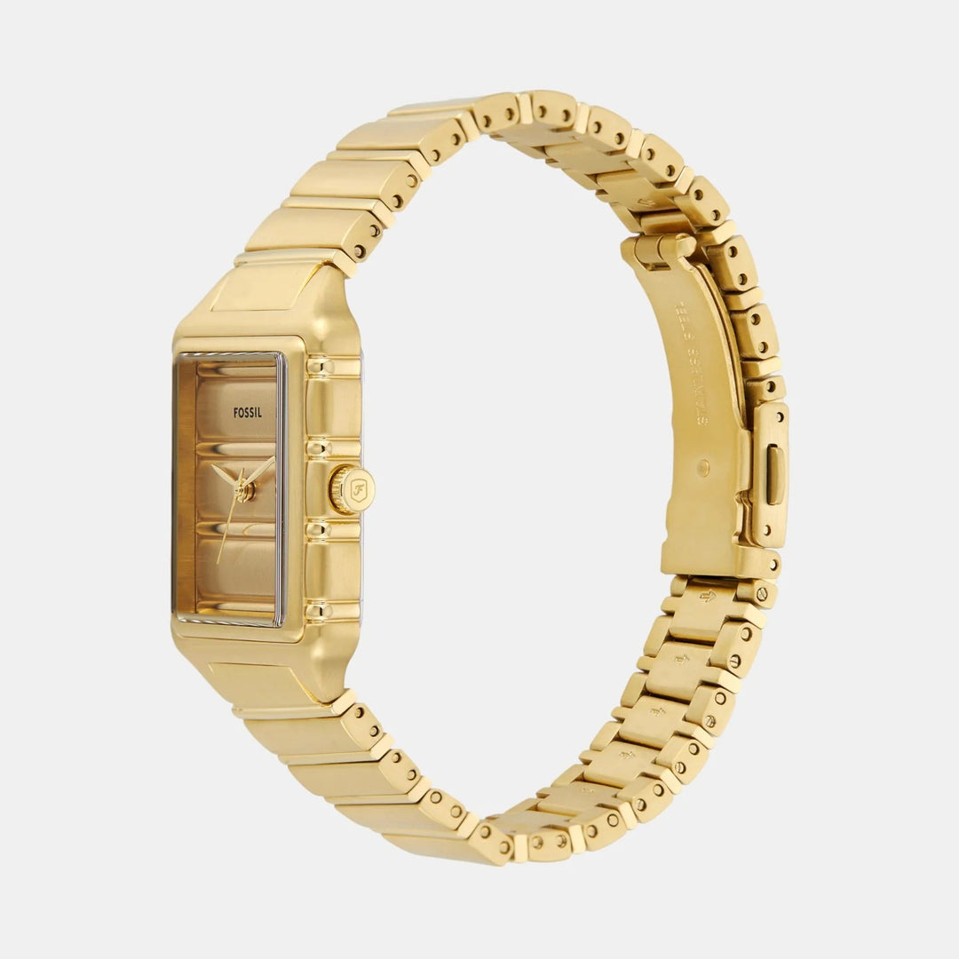 Fossil Raquel ES5389 Rectangular Gold Dial Gold-Tone Stainless Steel Women&