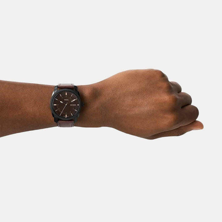 Fossil Machine FS5901 Black Textured Dial Brown Leather Strap Men&