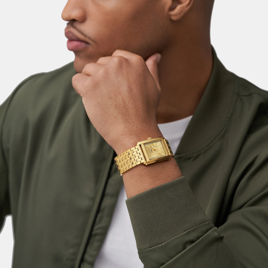 Fossil Carraway FS6009 Rectangular Gold Dial Gold-Tone Stainless Steel Men&