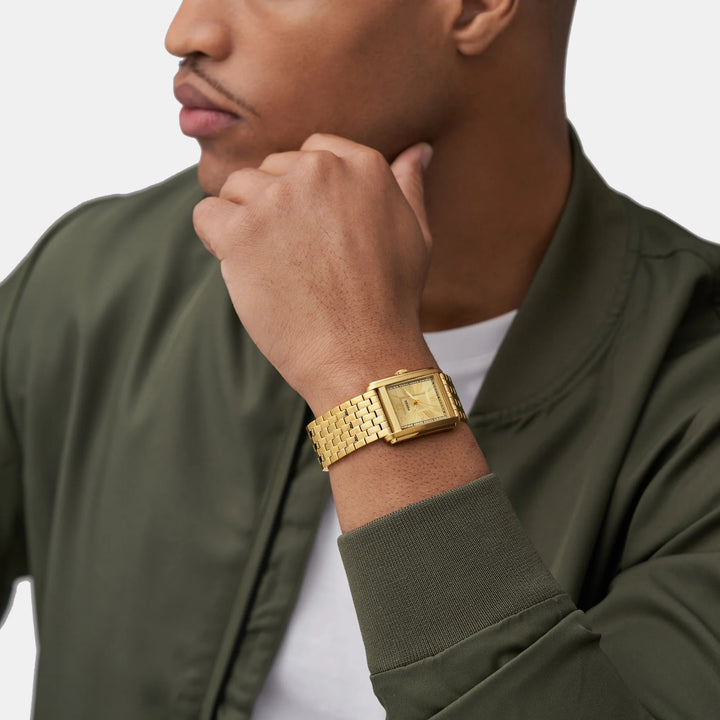 Fossil Carraway FS6009 Rectangular Gold Dial Gold-Tone Stainless Steel Men&