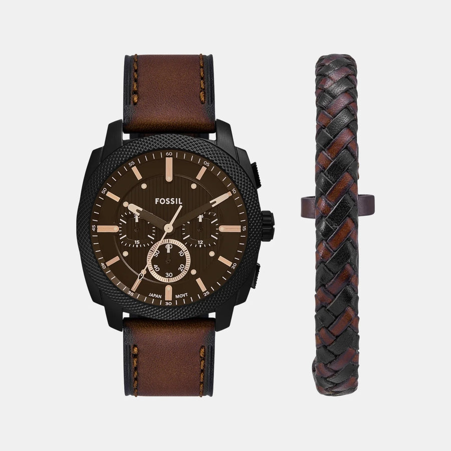 Fossil Machine watch and braided leather bracelet men's gift set for weddings