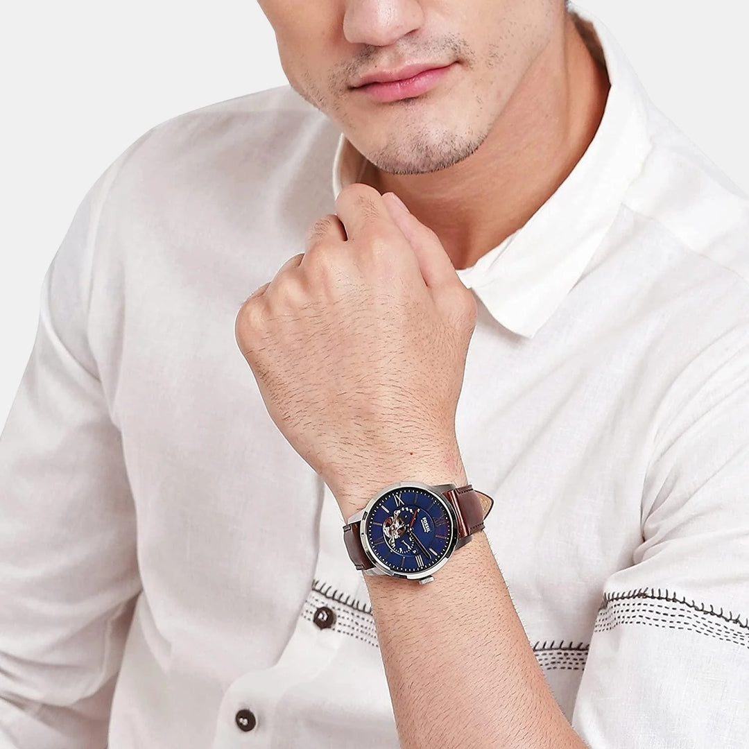 Fossil Grant ME3110 Automatic Skeleton Dial Blue Leather Men&