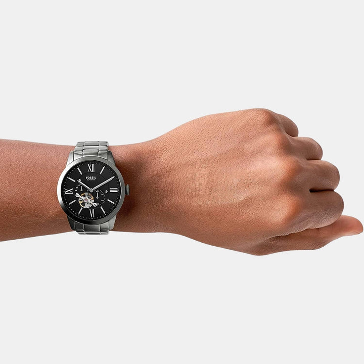 Fossil Automatic ME3172 Silver Skeleton Dial Black Leather Men&