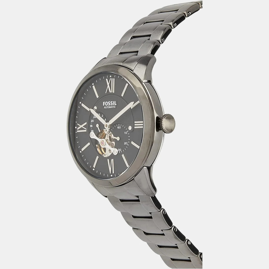 Fossil Automatic ME3172 Silver Skeleton Dial Black Leather Men&