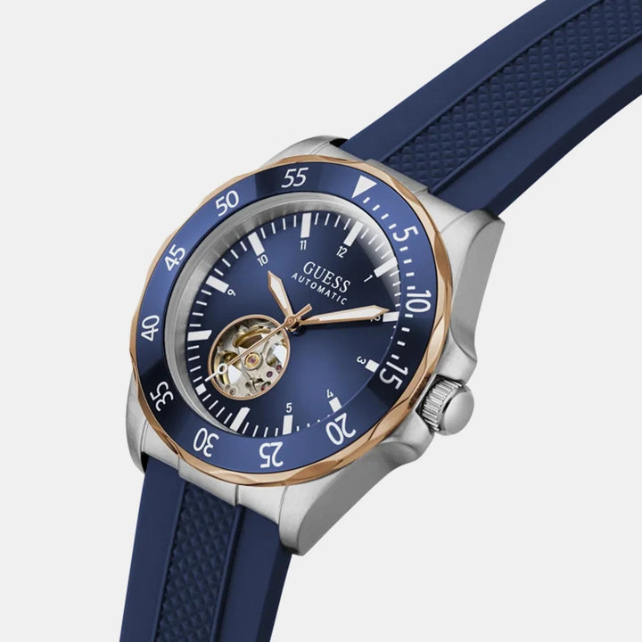 Guess Men Automatic Watch GW1131G5 – Blue Open-Heart Dial Silicone