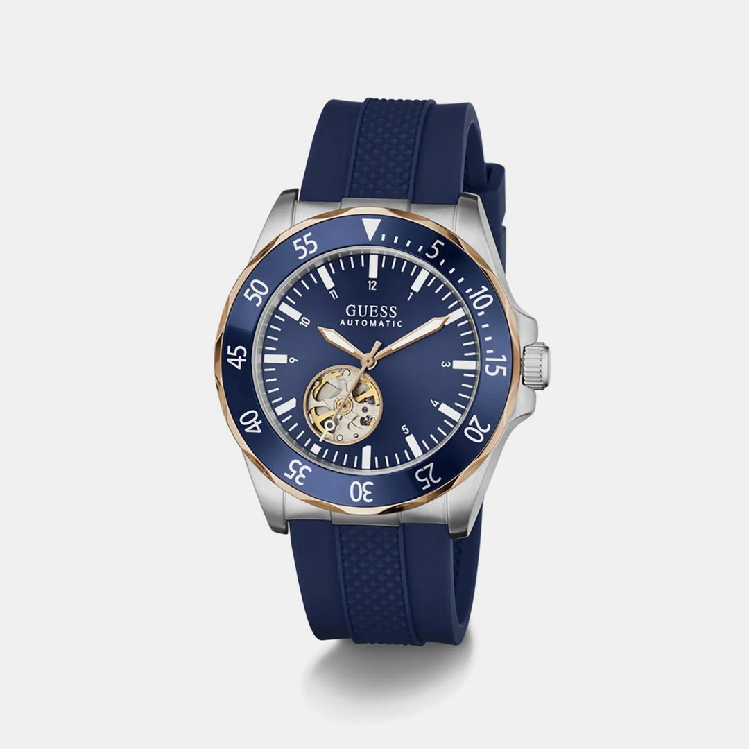 Guess Men Automatic Watch GW1131G5 – Blue Open-Heart Dial Silicone