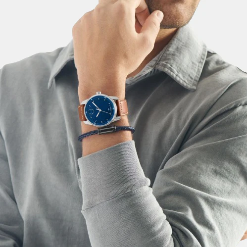 Movado Bold Verso 3600944 Men’s Blue Dial Cognac Leather Strap Quartz Watch - 3600944