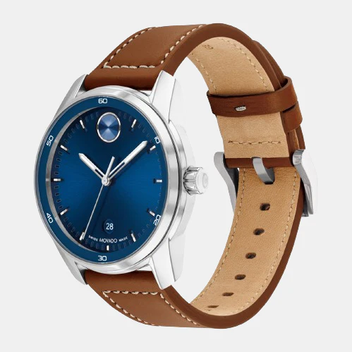Movado Bold Verso 3600944 Men’s Blue Dial Cognac Leather Strap Quartz Watch - 3600944