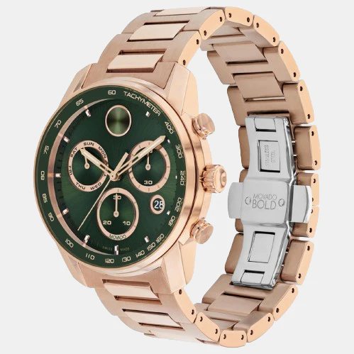 Movado Bold Verso 3601082 Men’s Green Dial Rose Gold-Tone Stainless Steel Bracelet Quartz Chronograph Watch - 3601082