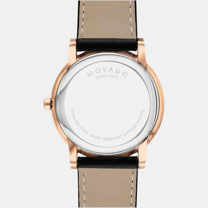 Movado Museum 607272 Classic Men 40mm Black Dial Black Calfskin Leather Strap Rose Gold PVD Stainless Steel Swiss Quartz Watch