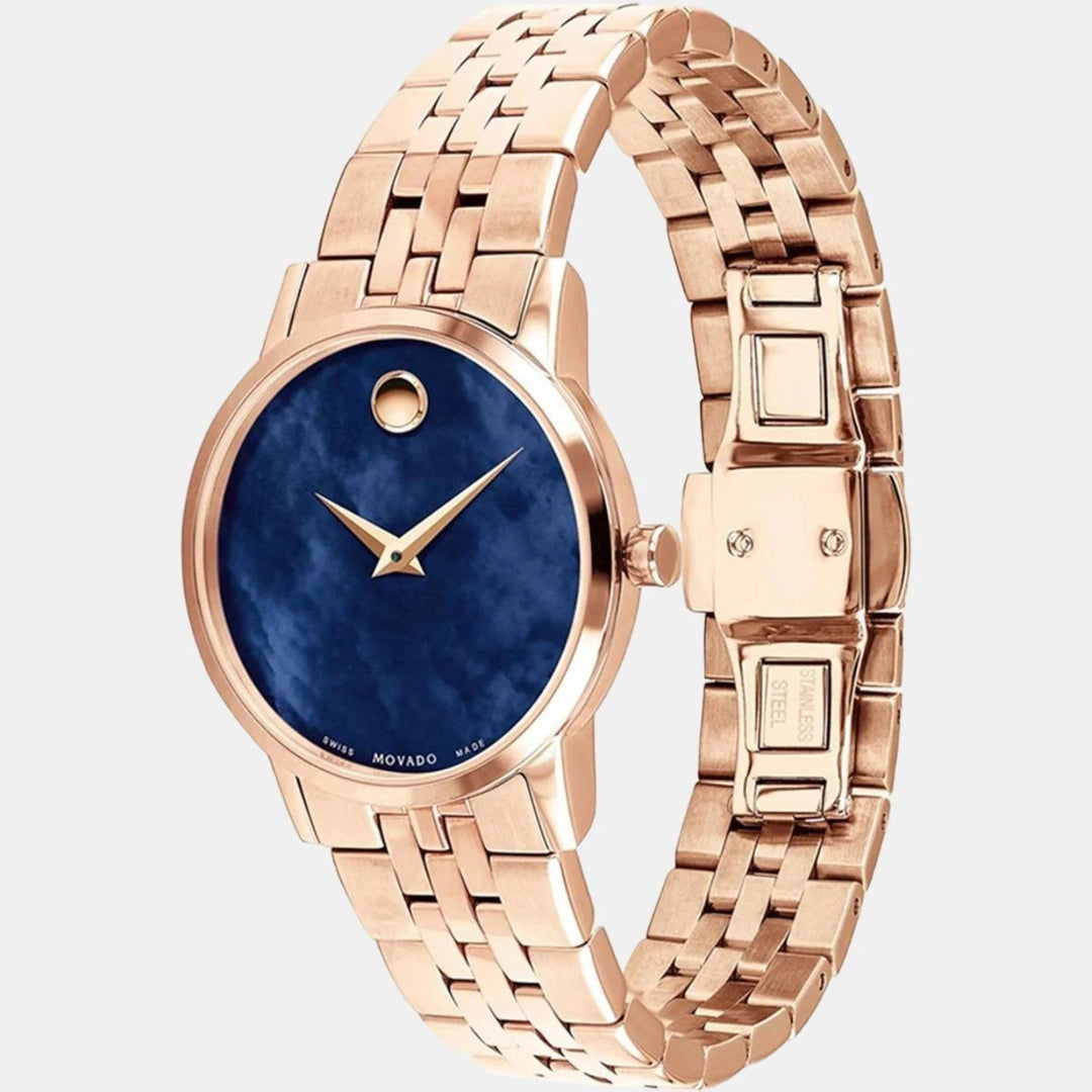 Movado Museum 607354 Classic Women 28mm Blue Mother of Pearl Dial Rose Gold PVD Stainless Steel Bracelet Quartz Watch