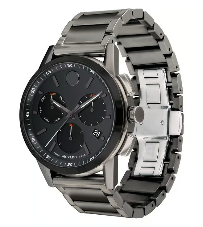 Movado Museum 607558 Sport Men 42mm Black Chronograph Dial Gunmetal PVD Stainless Steel Bracelet Quartz Watch