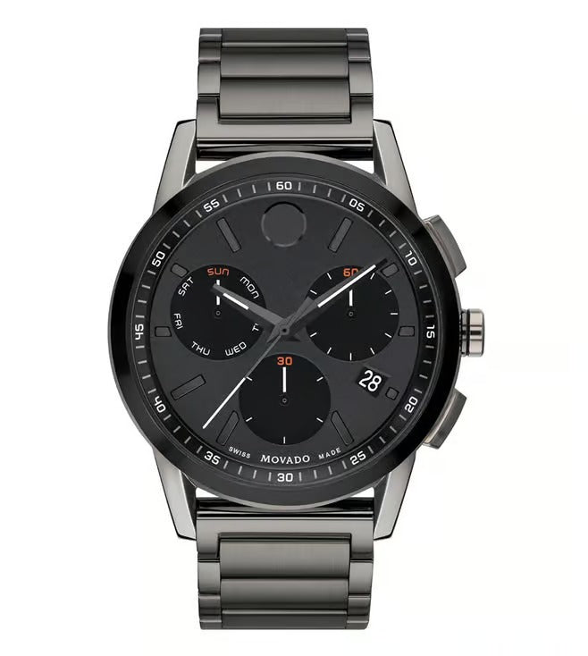 Movado Museum 607558 Sport Men 42mm Black Chronograph Dial Gunmetal PVD Stainless Steel Bracelet Quartz Watch