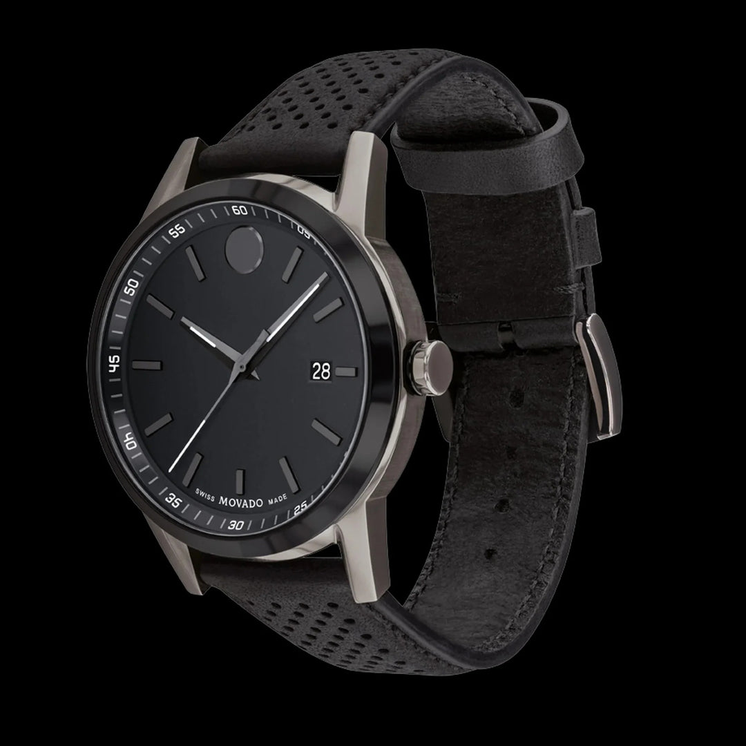 Movado Museum 607559 Sport Men 42mm Black Dial Black Leather Strap Swiss Quartz Watch