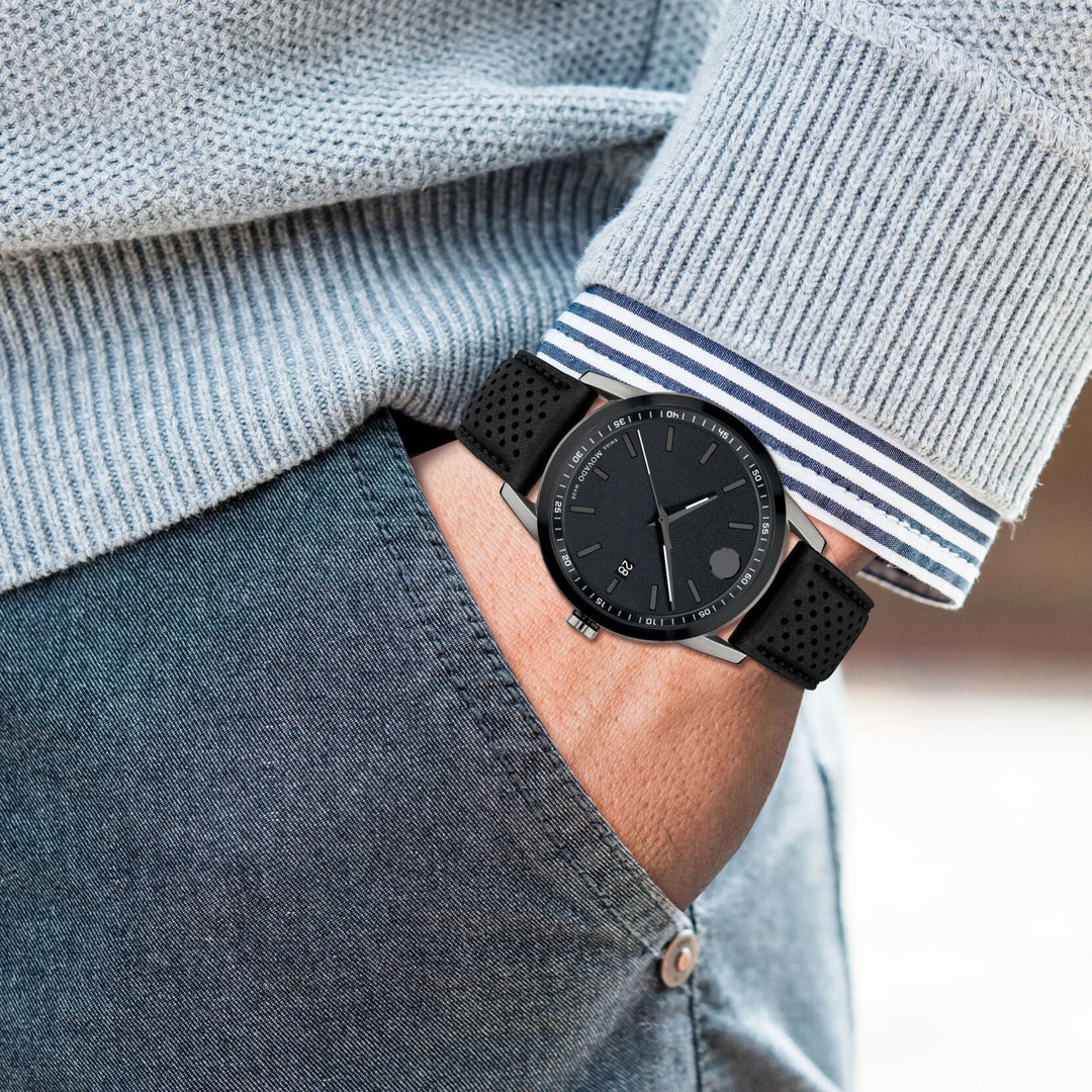 Movado Museum 607559 Sport Men 42mm Black Dial Black Leather Strap Swiss Quartz Watch