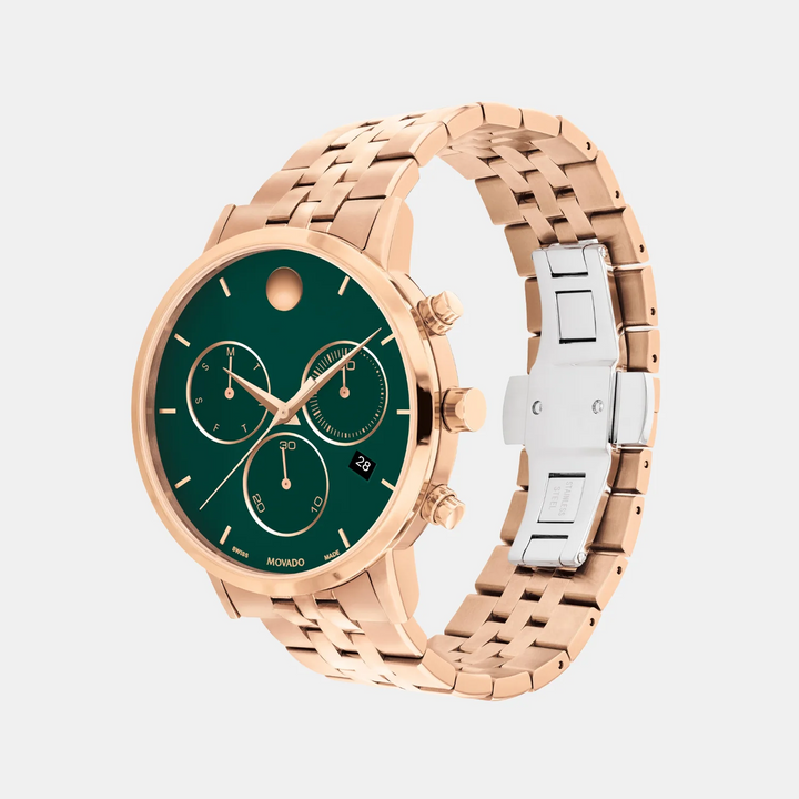 Movado Museum Classic 607846 Chrono Men 40mm Green Chronograph Dial Rose Gold Tone Stainless Steel Bracelet Quartz Watch