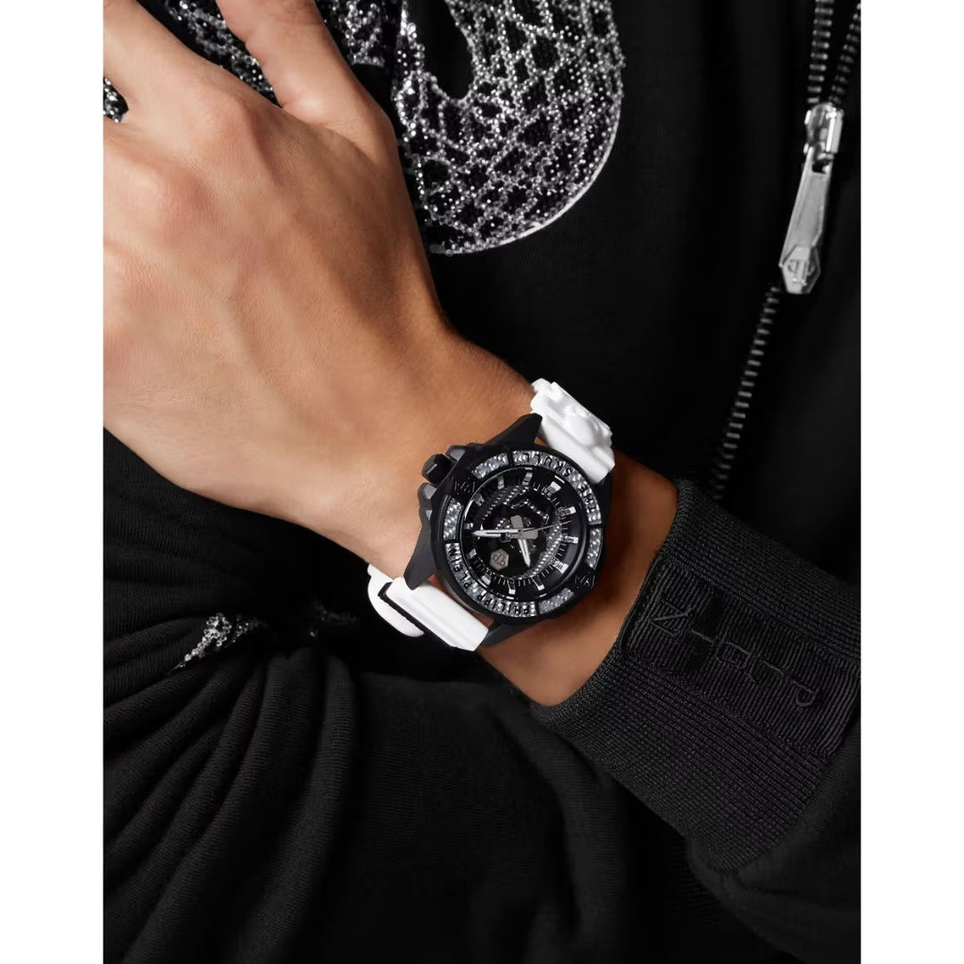 Philipp Plein The Skull Carbon Fiber Men 44mm Quartz Silver Carbon Fiber Dial White Silicone Watch PWAAA1822