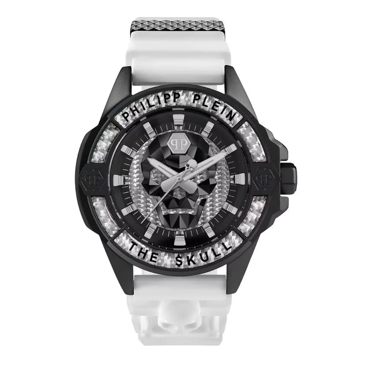 Philipp Plein The Skull Carbon Fiber Men 44mm Quartz Silver Carbon Fiber Dial White Silicone Watch PWAAA1822