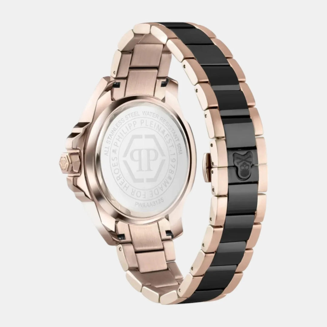 Philipp Plein The Skull Men 44mm Quartz Black Dial Rose Gold PVD Stainless Steel Bracelet Watch PWAAA3125
