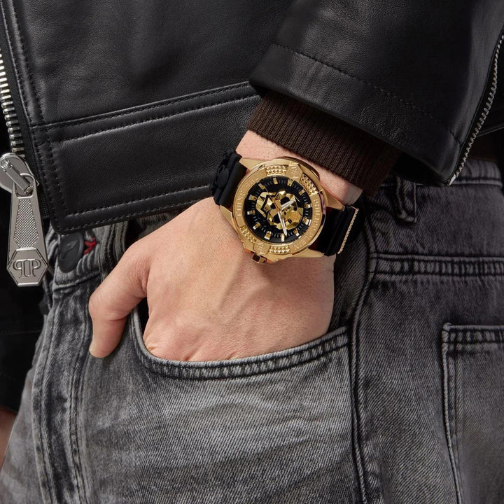 Philipp Plein The Skeleton Men 44mm Automatic Black Dial Black Silicone Strap Watch PWBAA0221