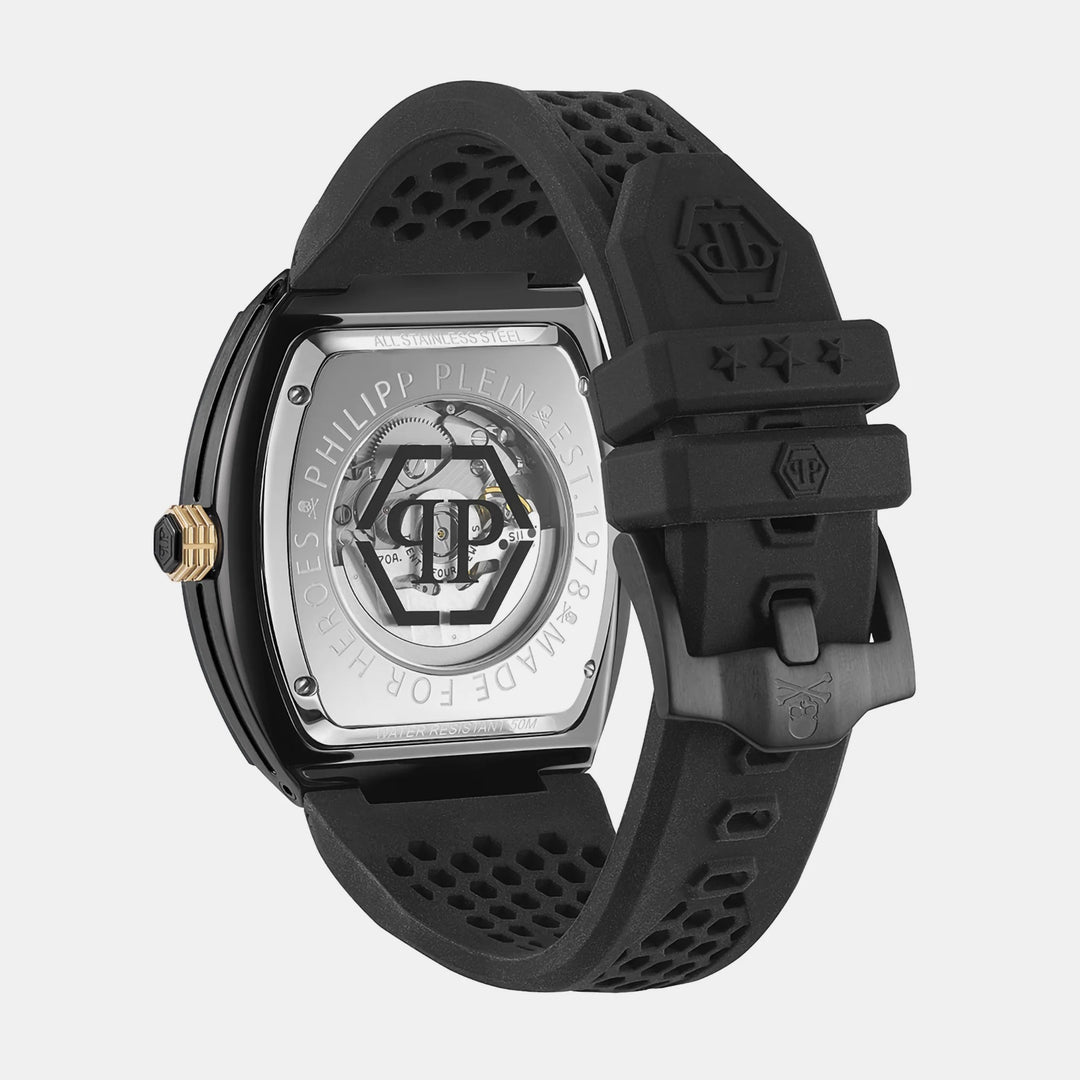 Philipp Plein The Skeleton Men 44mm Automatic Grey Dial Black Silicone Strap Watch PWBAA0521