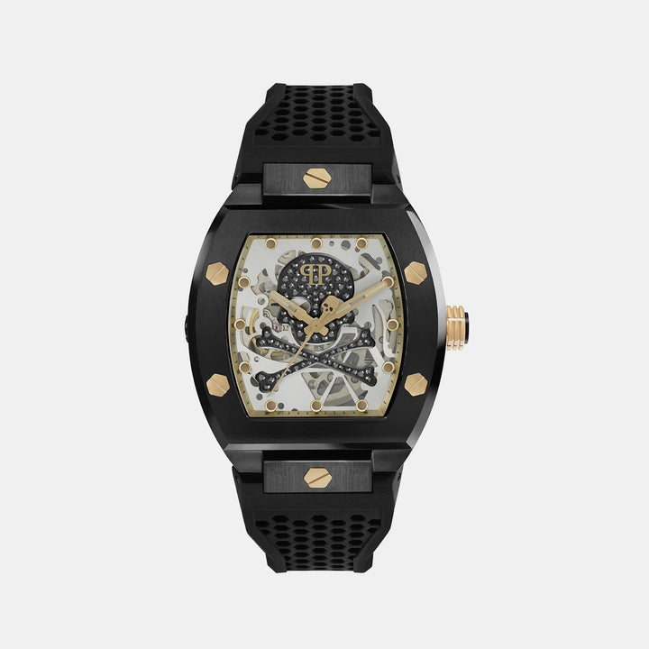 Philipp Plein The Skeleton Men 44mm Automatic Grey Dial Black Silicone Strap Watch PWBAA0521