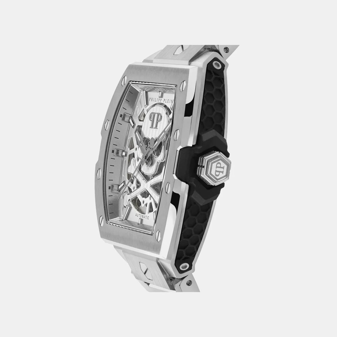 Philipp Plein The Skeleton Men 44mm Automatic Silver Tonneau Dial Stainless Steel Bracelet Watch PWJFA0425