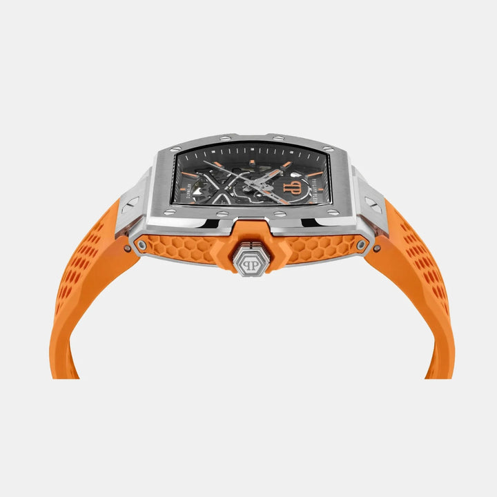 Philipp Plein The Skeleton Limited Edition Men 44mm Automatic Gun Tonneau Dial Orange Silicone Strap Watch PWJFA1225
