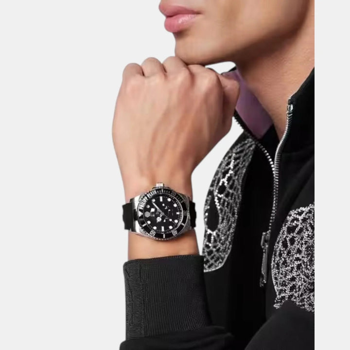 Philipp Plein The Skull Diver Men 44mm Quartz Black Dial Black Silicone Strap Watch PWOAA0122