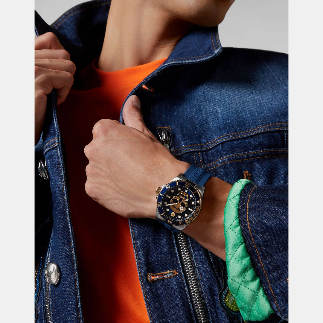 Philipp Plein The Skull Diver Men 44mm Quartz Blue Dial Blue Silicone Strap Watch PWOAA0222