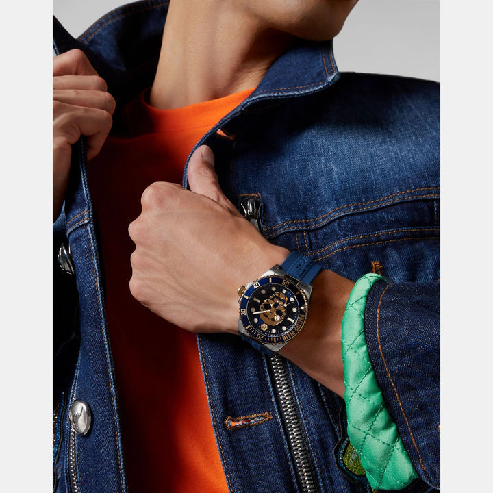 Philipp Plein The Skull Diver Men 44mm Quartz Blue Dial Blue Silicone Strap Watch PWOAA0222