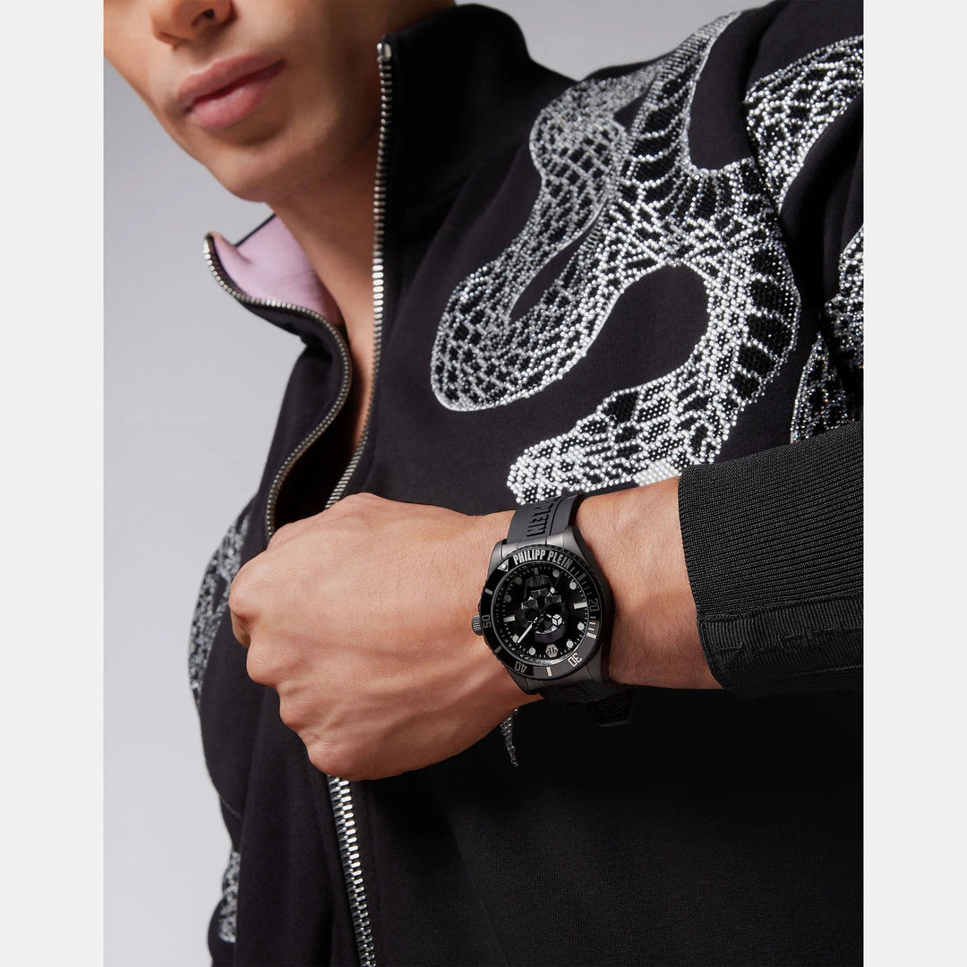 Philipp Plein The Skull Diver Men 44mm Quartz Black Dial Black Silicone Strap Watch PWOAA0422