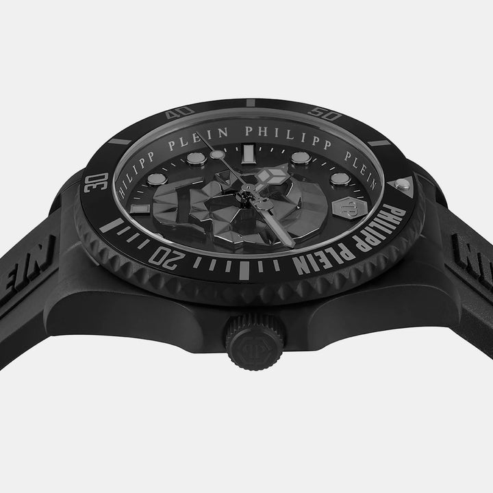 Philipp Plein The Skull Diver Men 44mm Quartz Black Dial Black Silicone Strap Watch PWOAA0422
