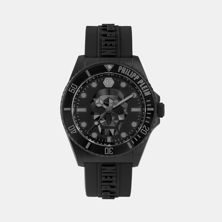 Philipp Plein The Skull Diver Men 44mm Quartz Black Dial Black Silicone Strap Watch PWOAA0422