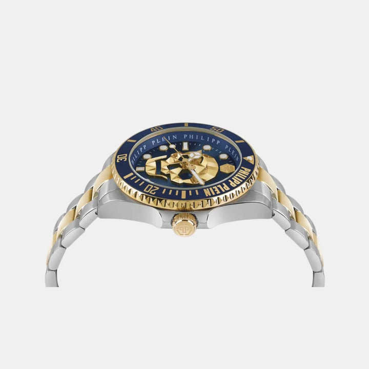 Philipp Plein The Skull Diver Men 44mm Quartz Blue Dial Bicolour Stainless Steel Bracelet Watch PWOAA0722
