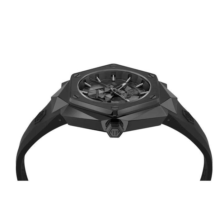 Philipp Plein The Skull Spikes Men 45mm Quartz Black Hexagon Dial Black Silicone Strap Watch PWPWA0324
