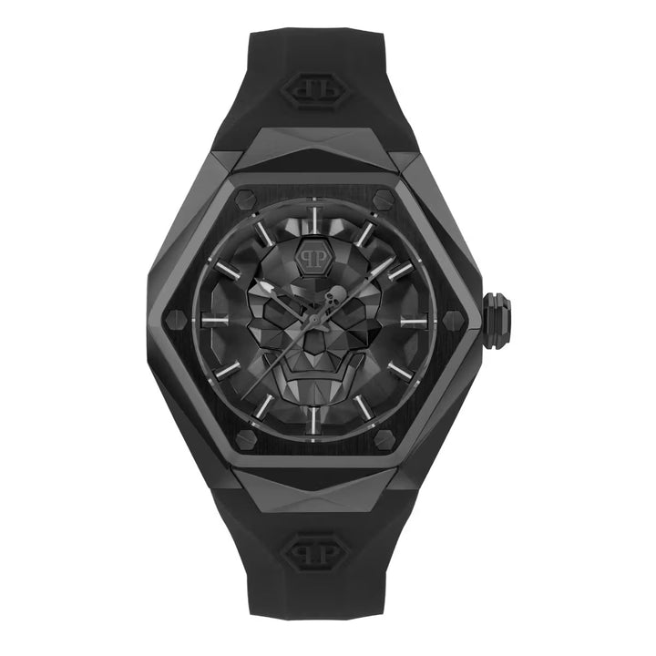 Philipp Plein The Skull Spikes Men 45mm Quartz Black Hexagon Dial Black Silicone Strap Watch PWPWA0324